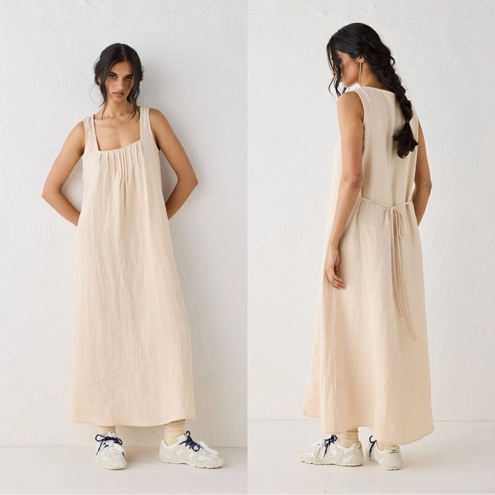NWT VRG GRL SAN PAOLO SMOCK LINEN MIDI DRESS NATURAL